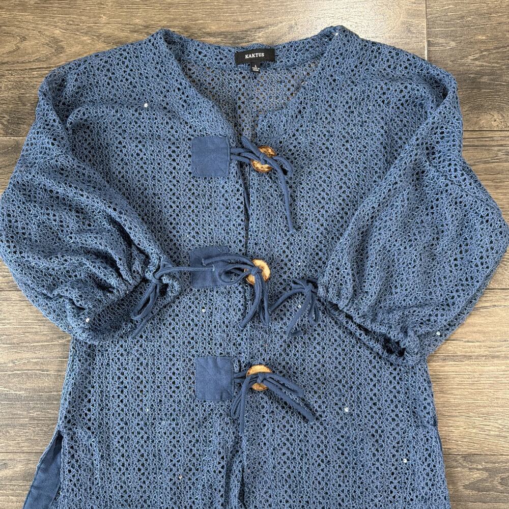 Y2K Kaktus Sz L Blue Crochet Toggle Cardigan Whimsigoth Boho Festival Fairy Knit - Picture 10 of 11